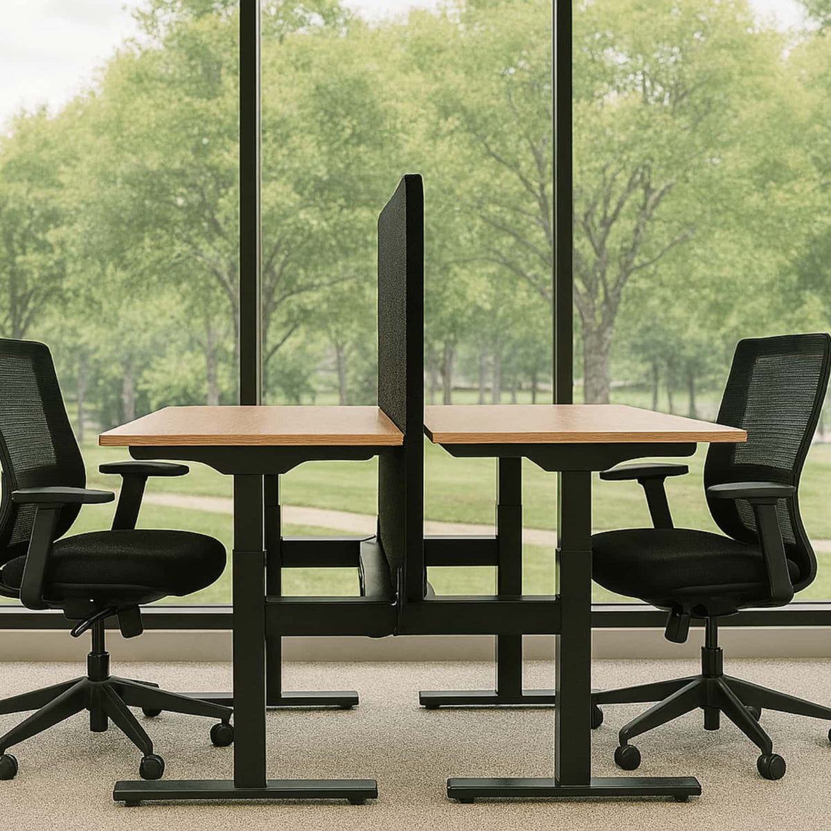 2 person height adjustable desk with oak desk tops, black frame and central privacy screen