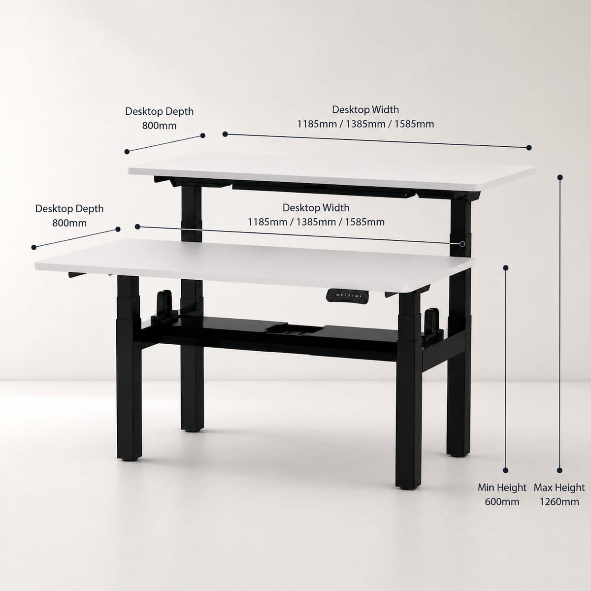 2 person standing desk dimensions showing desk top width, depth and adjustable height range