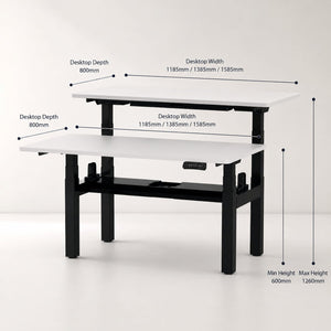 2 person standing desk dimensions showing desk top width, depth and adjustable height range