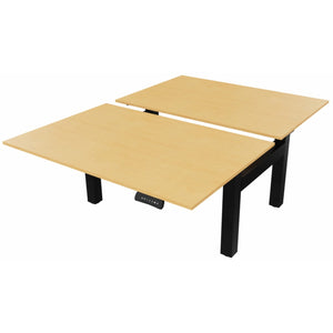 2 person standing desk with beech desk tops and black frame