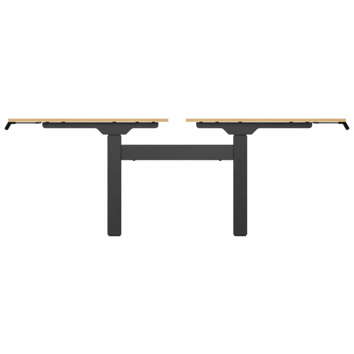 2 person standing desk with beech desk tops and black frame, side view