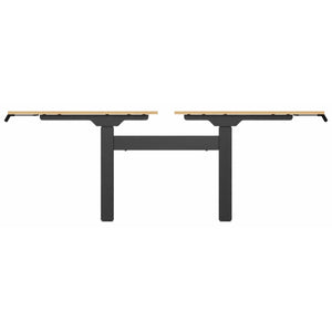 2 person standing desk with beech desk tops and black frame, side view