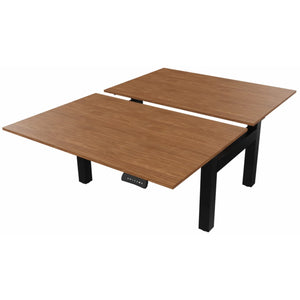 2 person standing desk with walnut desk tops and black frame