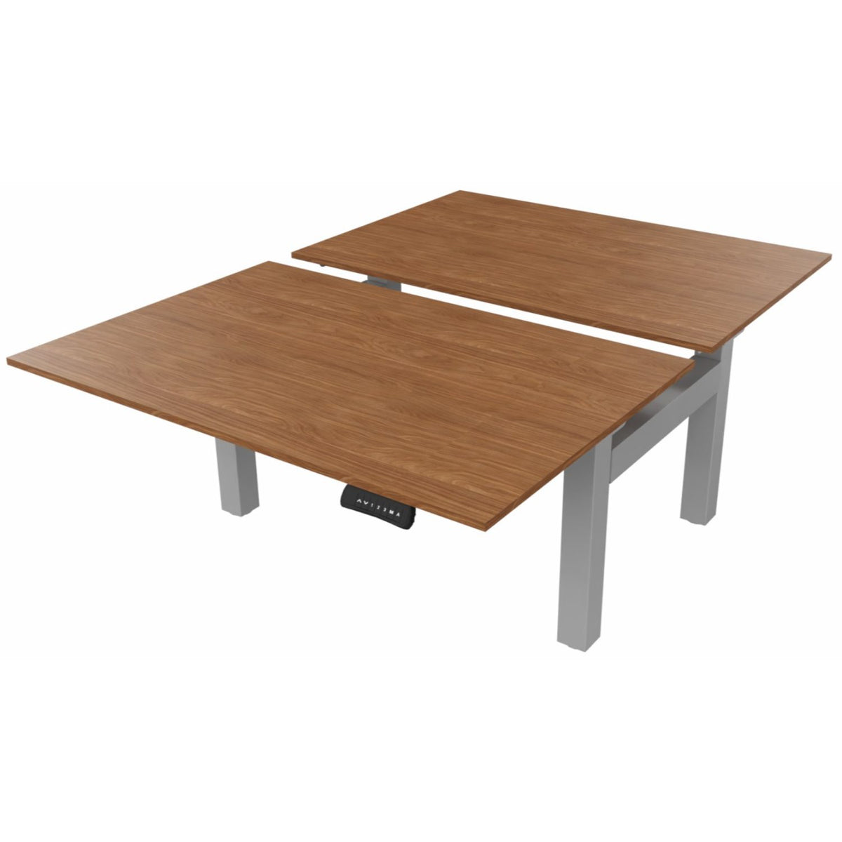 2 person standing desk with walnut desk tops and silver frame