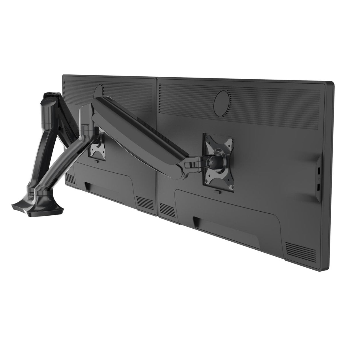 2 screen dual monitor arm mounted behind two monitors
