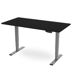2m standing desk with black top and silver frame