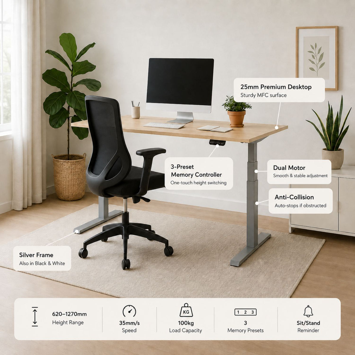 2m standing desk with silver frame and key features