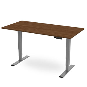 2m standing desk with walnut top and silver frame