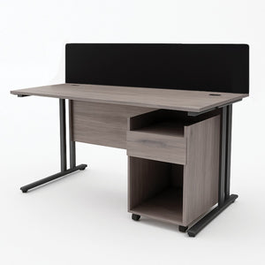 400mm high desk top screen installed on an office desk with a mobile pedestal underneath