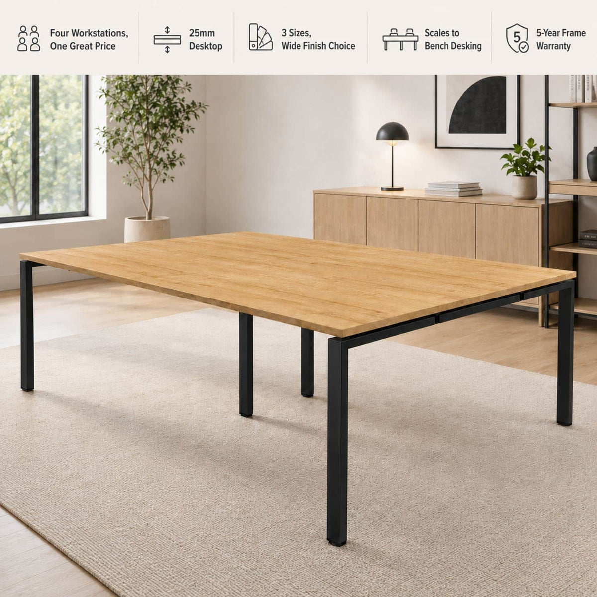 4 person bench desk feature graphic showing 25mm desk top, 3 sizes, wide finish choice, scales to bench desking, and 5-year frame warranty