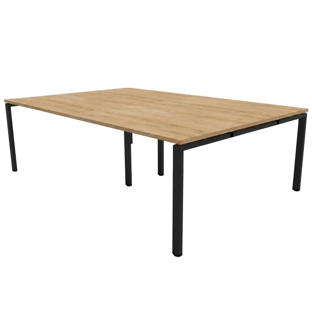4 person bench desk with oak desktop and black frame, ideal for creating a four-person office benching setup