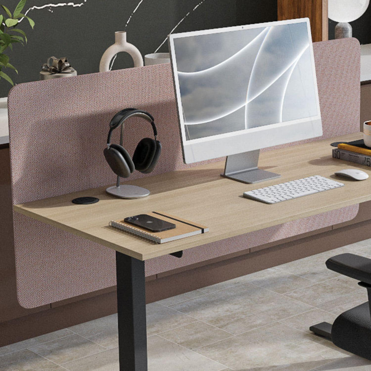 700mm sit stand desk top screen and modesty panel in pink fabric with rounded corners on an office desk