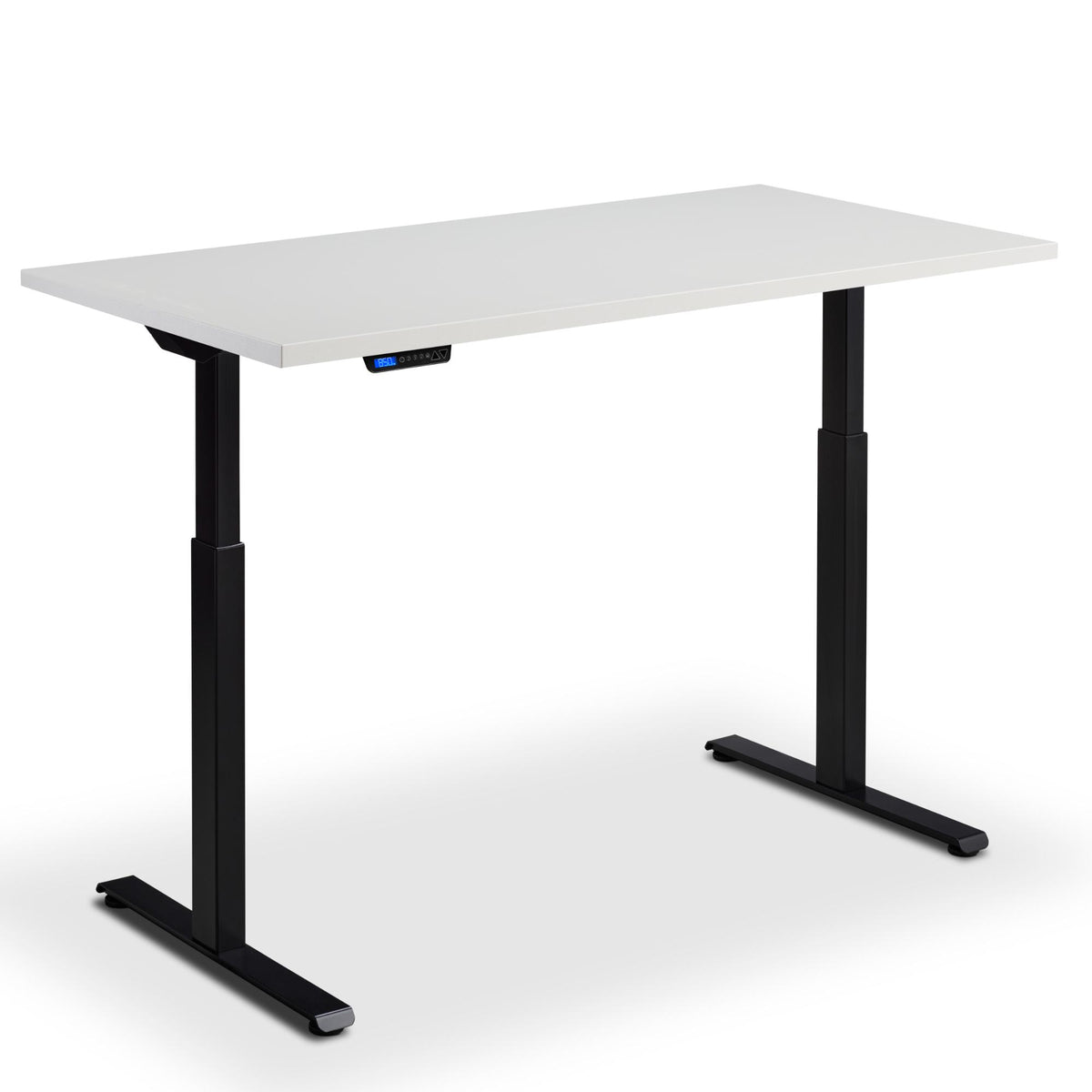 80x60 standing desk light grey top black frame view from front