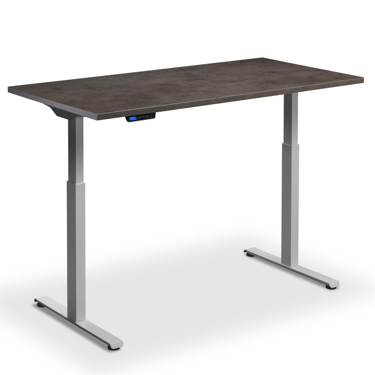 90cm wide standing desk dark concrete top silver frame front view