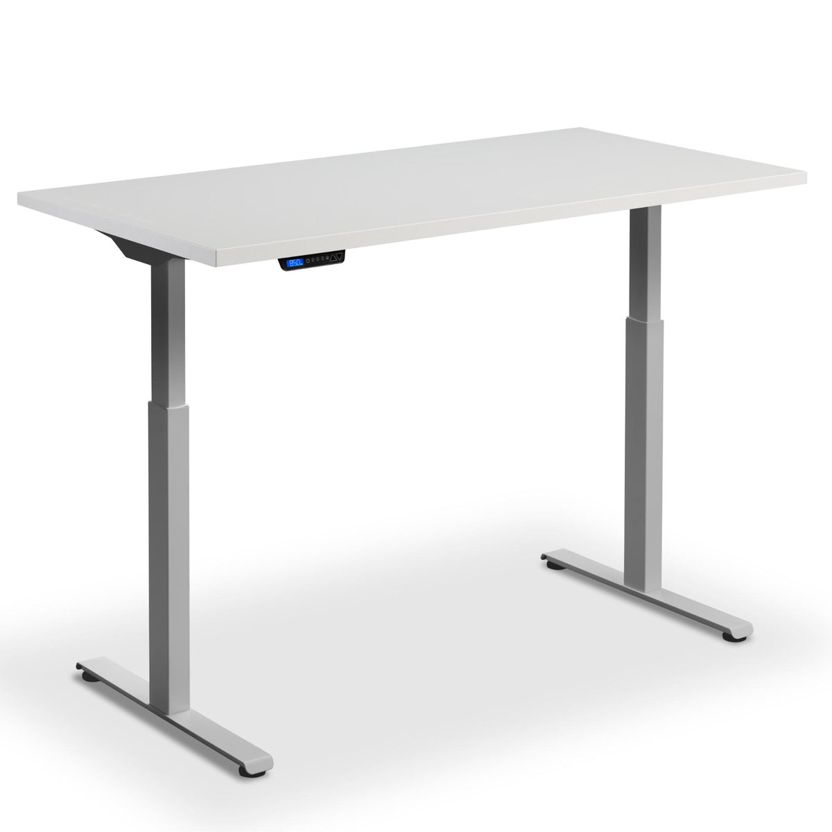 90cm wide standing desk light grey top silver frame view from front