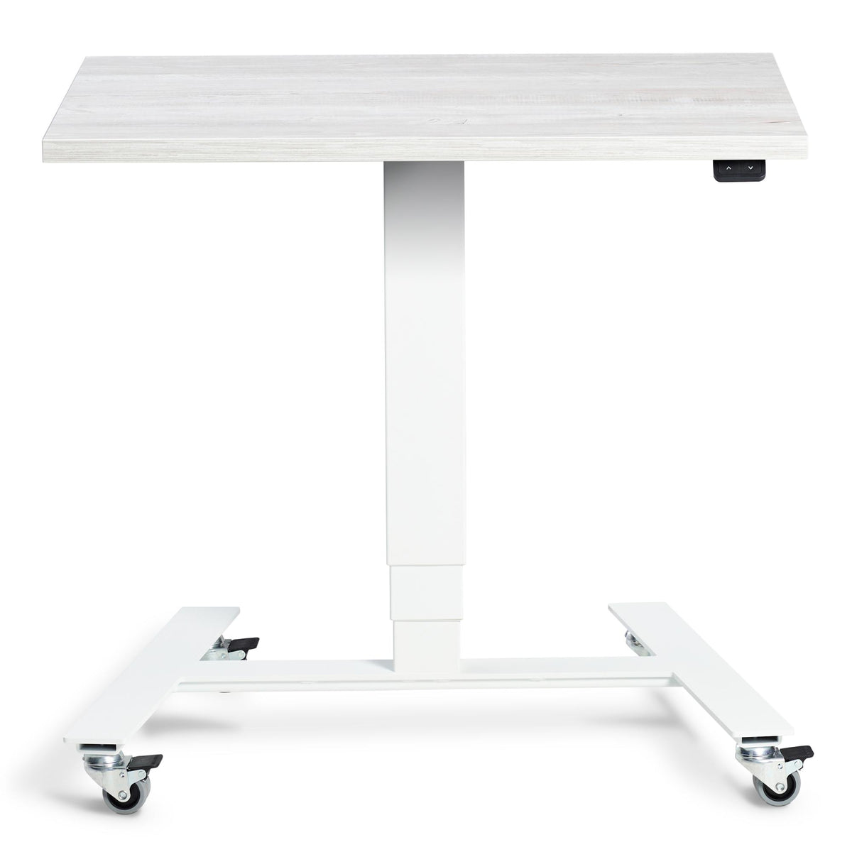 Adjustable Standing Desk On Wheels - Rova - White Frame - Cascina Pine Top - Studio Image