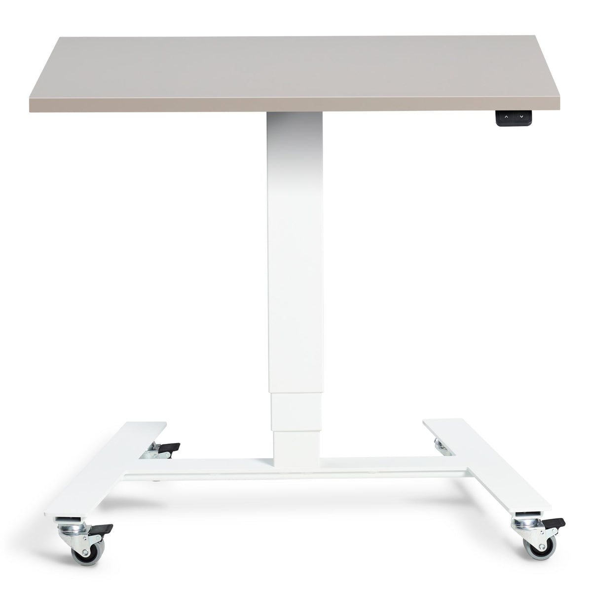 Adjustable Standing Desk On Wheels - Rova - White Frame - Cashmere Top - Studio Image