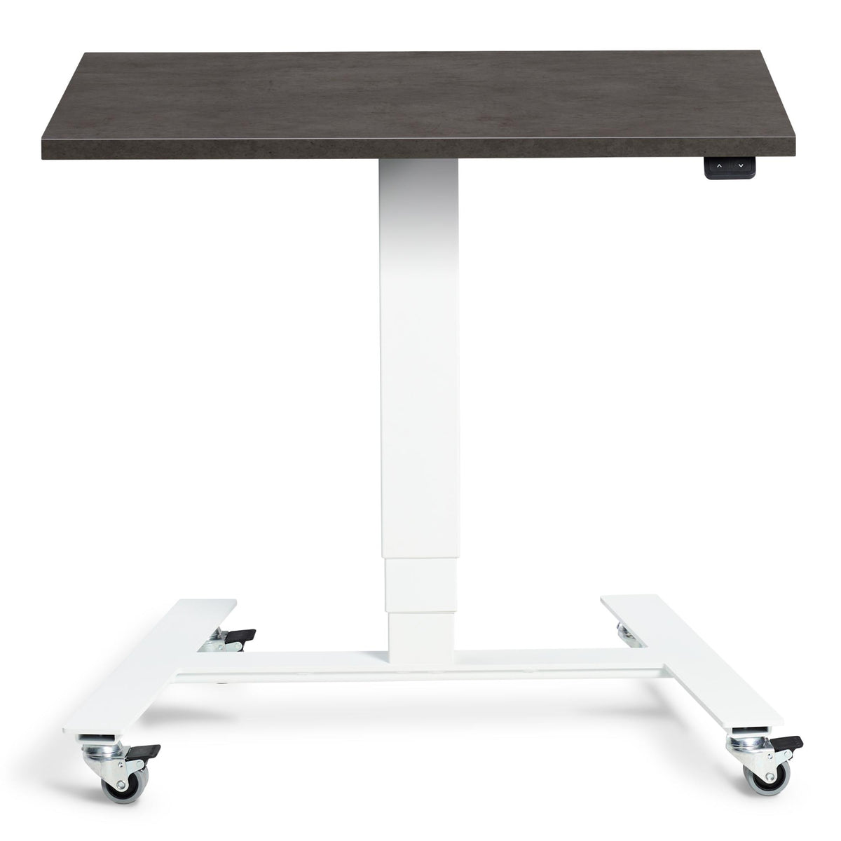 Adjustable Standing Desk On Wheels - Rova - White Frame - Dark Concrete Top - Studio Image