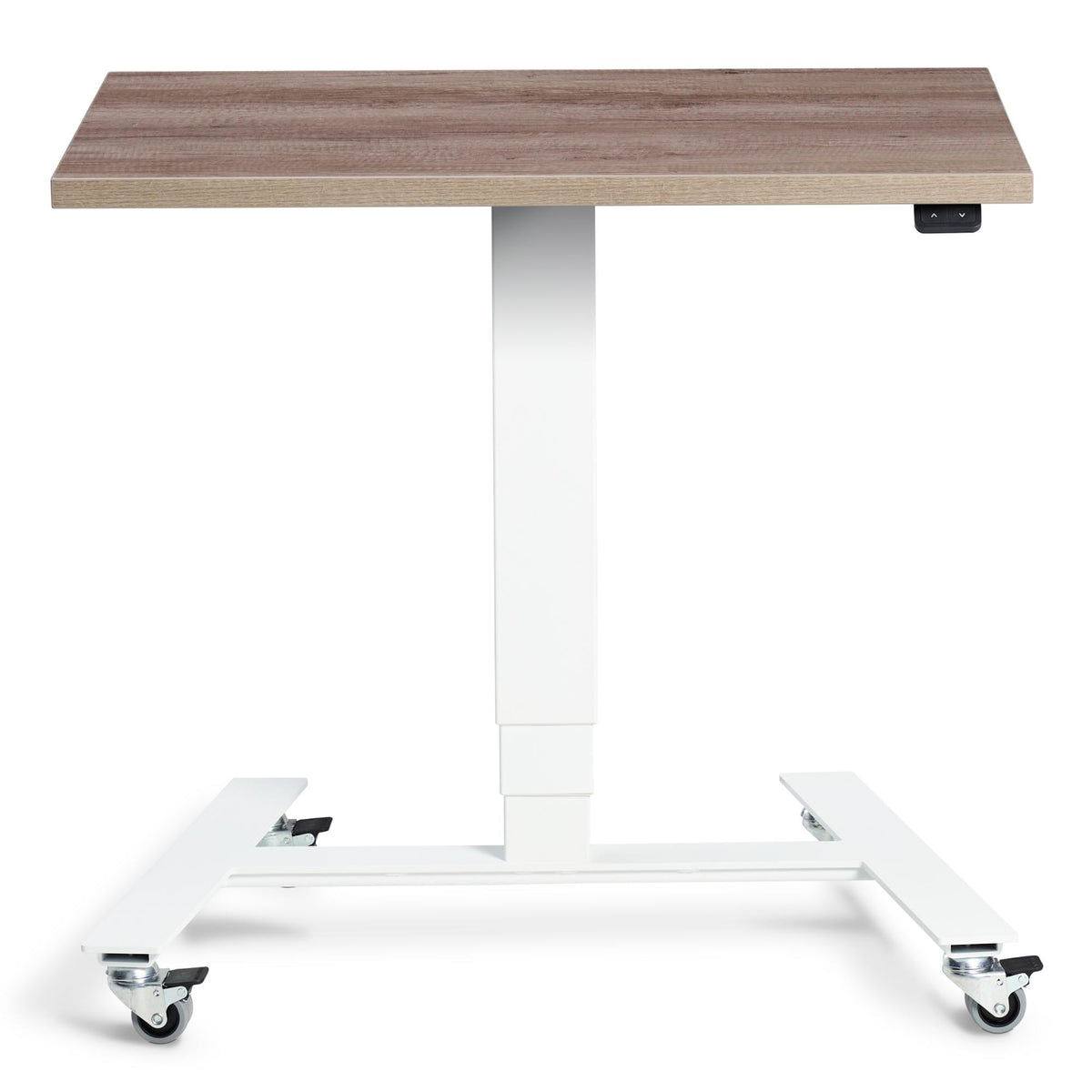 Adjustable Standing Desk On Wheels - Rova - White Frame - Grey Nebraska Oak Top - Studio Image