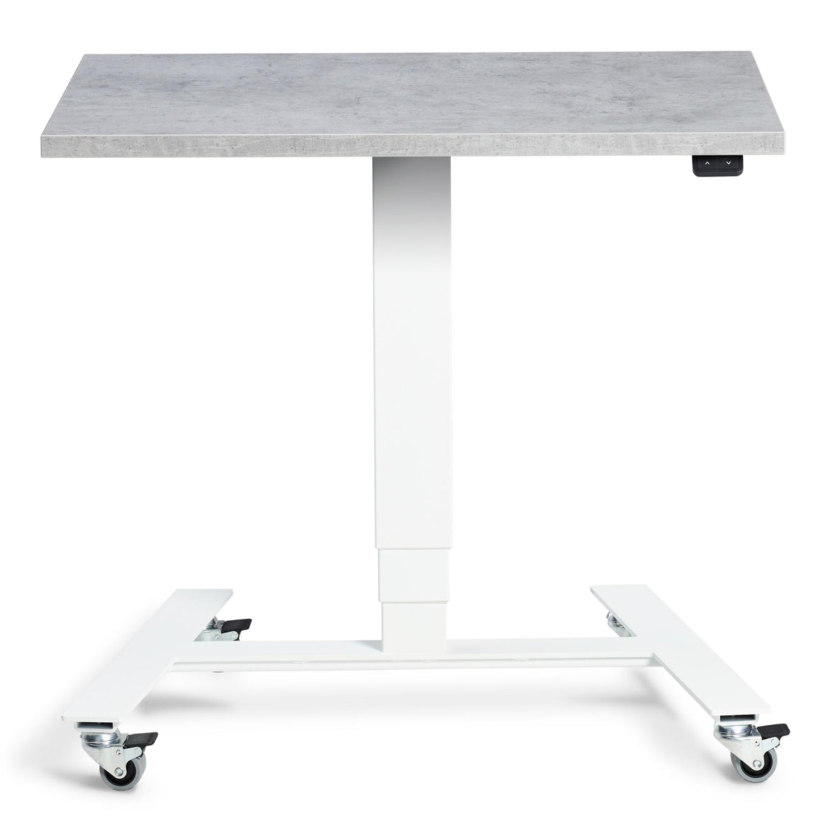 Adjustable Standing Desk On Wheels - Rova - White Frame - Light Concrete Top - Studio Image
