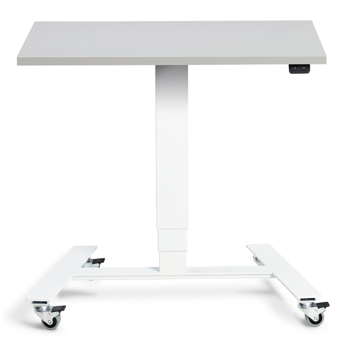 Adjustable Standing Desk On Wheels - Rova - White Frame - Light Grey Top - Studio Image