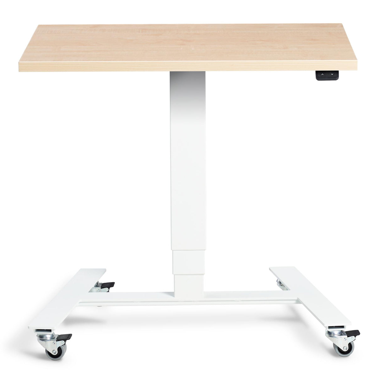 Adjustable Standing Desk On Wheels - Rova - White Frame - Maple Top - Studio Image