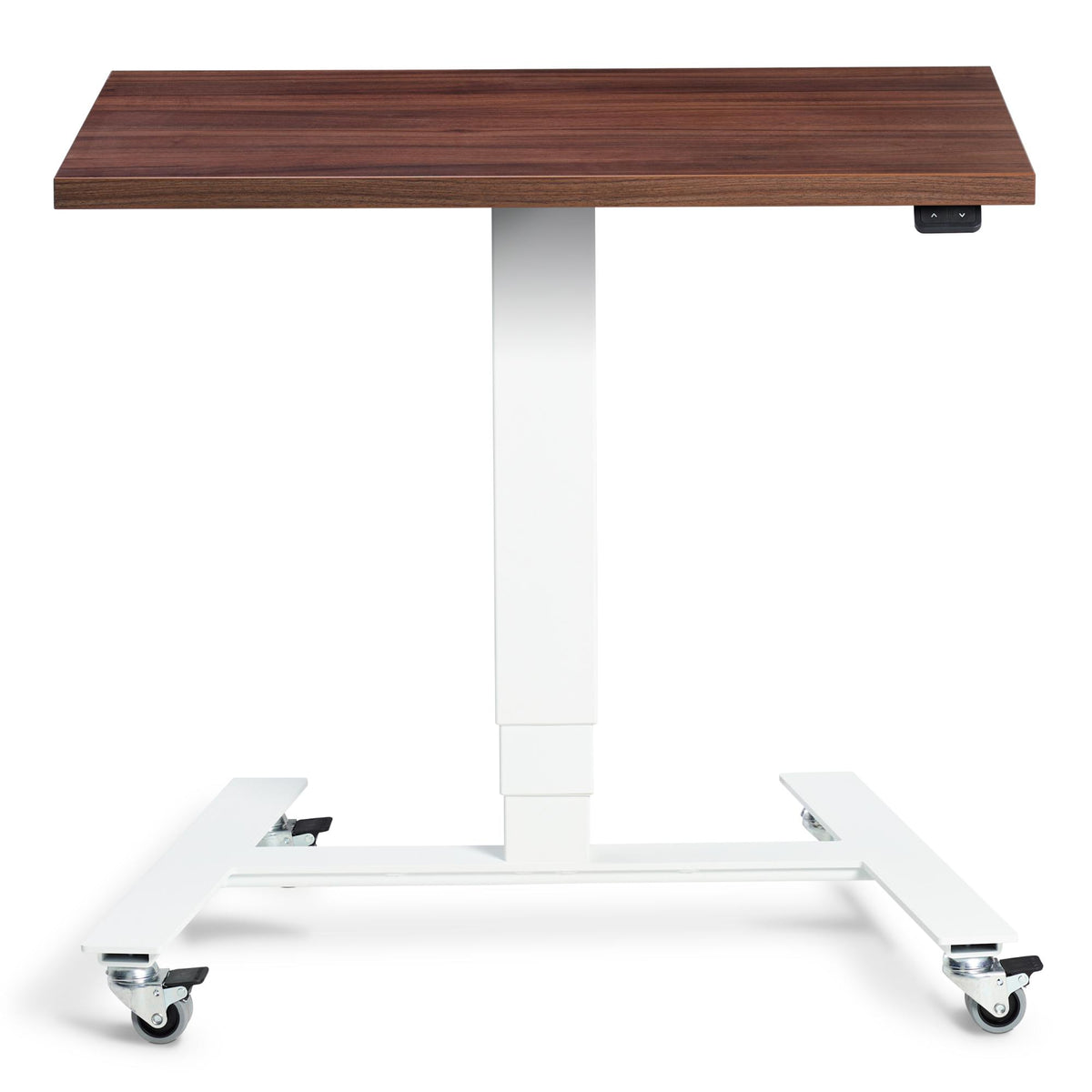 Adjustable Standing Desk On Wheels - Rova - White Frame - Natural Dijon Walnut Top - Studio Image