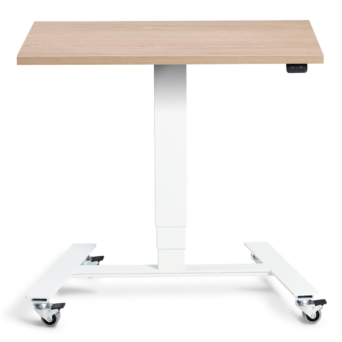 Adjustable Standing Desk On Wheels - Rova - White Frame - Natural Oak Top - Studio Image