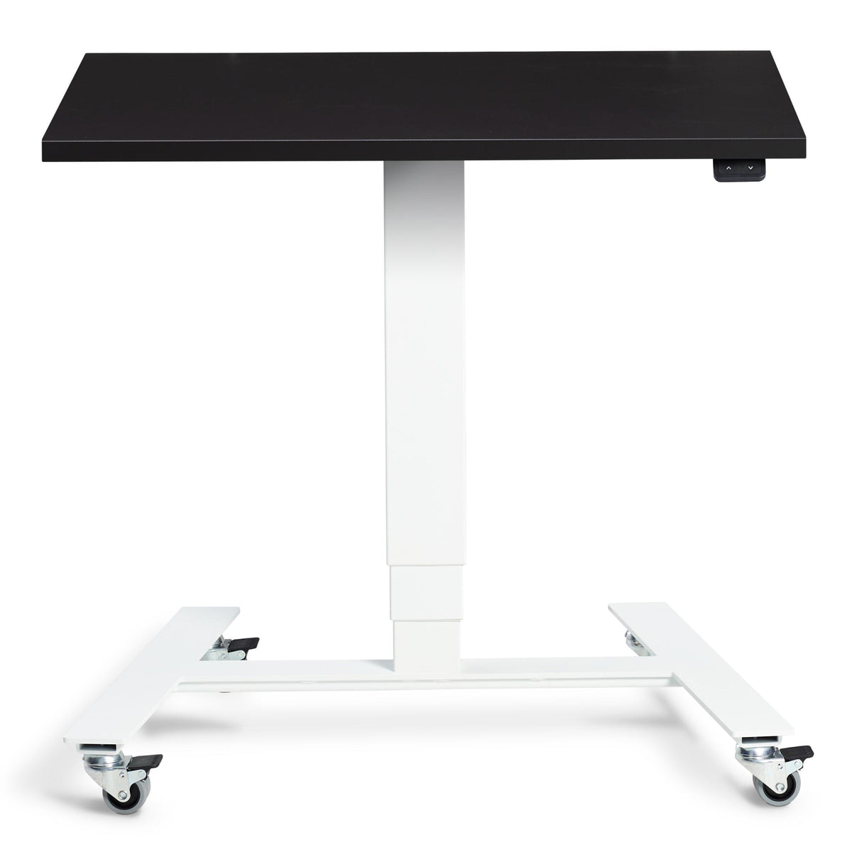 Adjustable Standing Desk On Wheels - Rova - White Frame - Soft Black Top - Studio Image