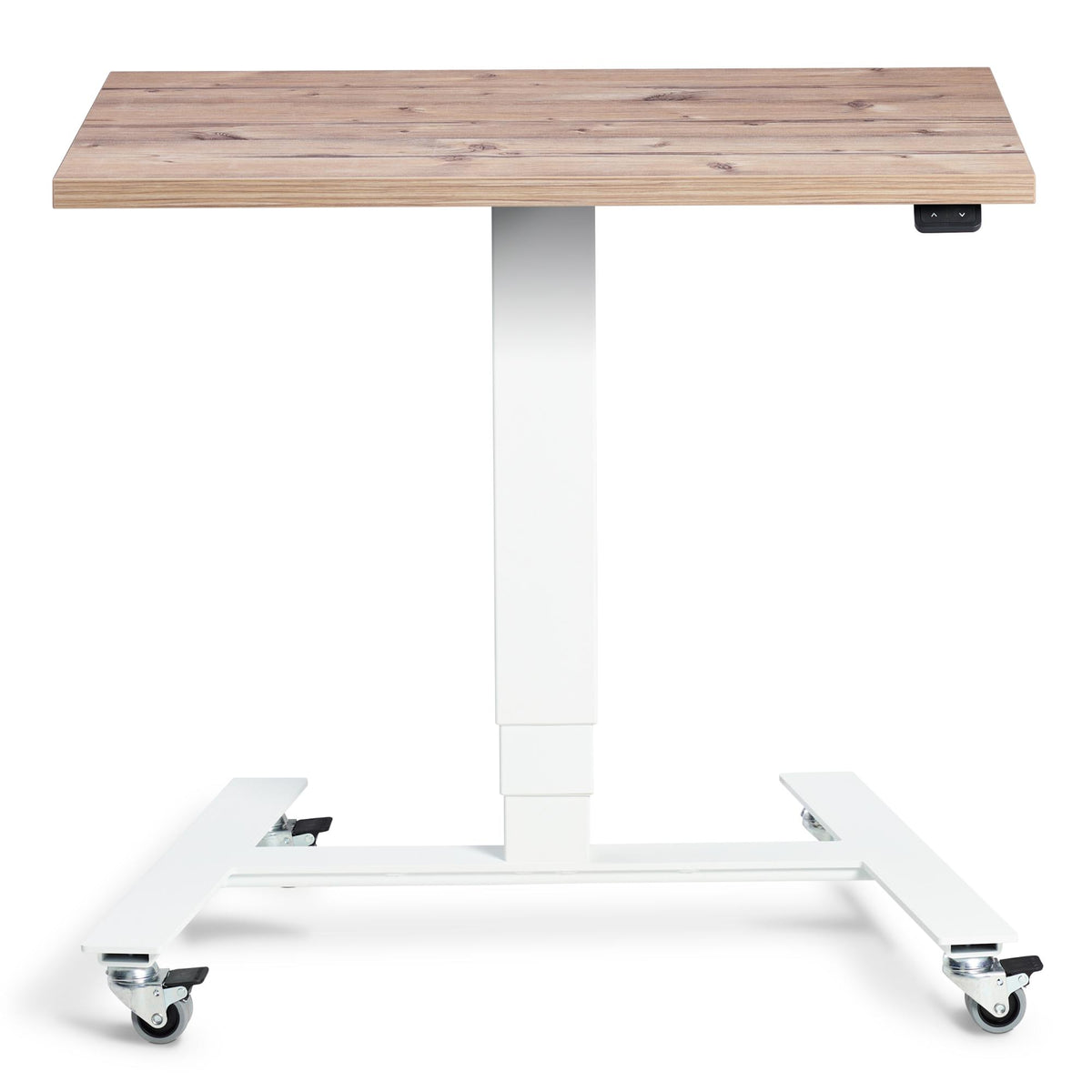 Adjustable Standing Desk On Wheels - Rova - White Frame - Timber Top - Studio Image