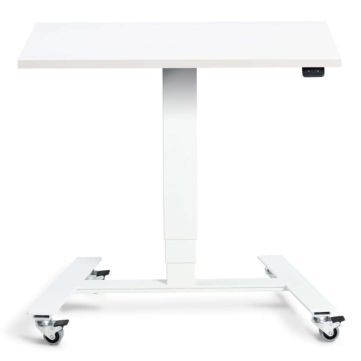 Adjustable Standing Desk On Wheels - Rova - White Frame - White Top - Studio Image