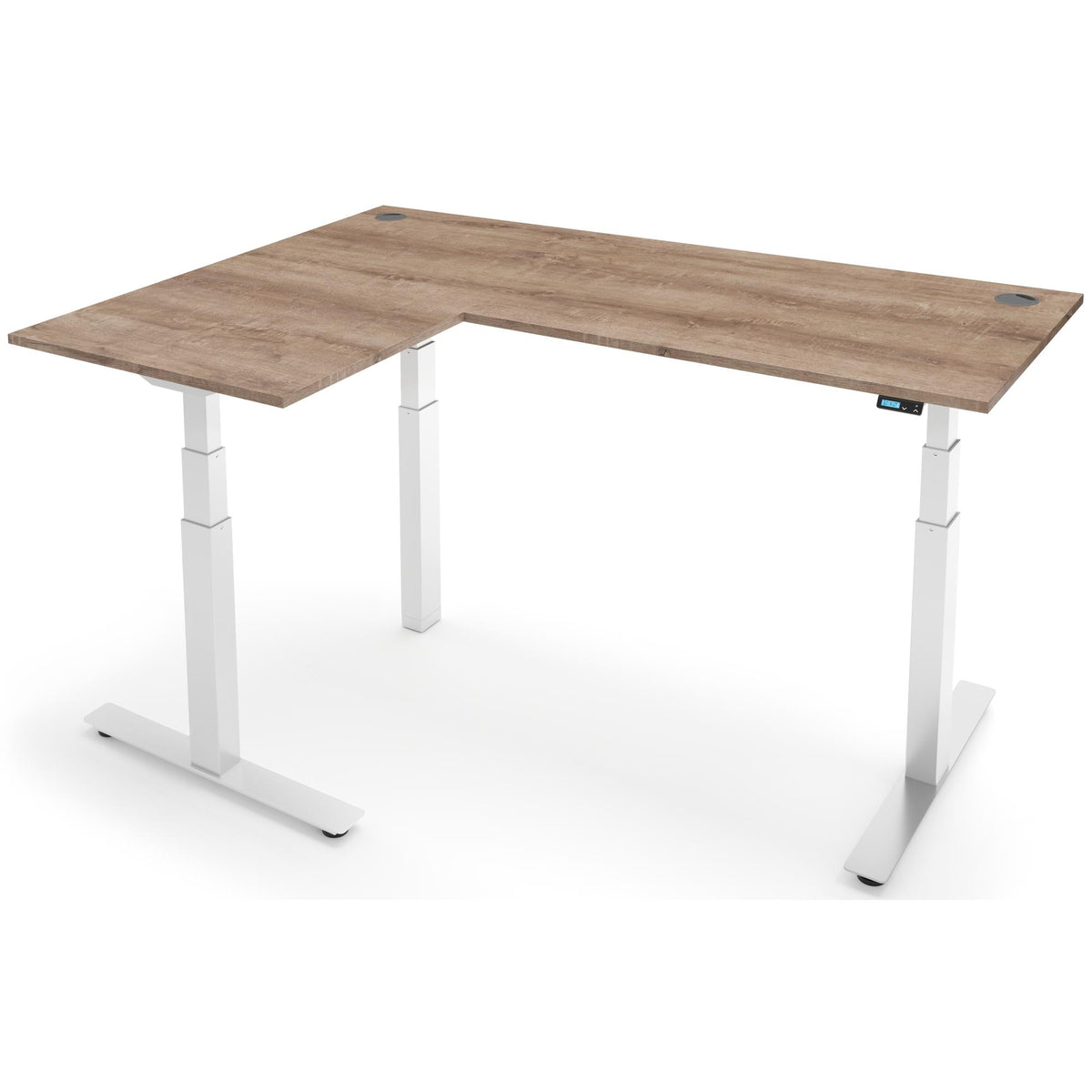 Adjustable Corner Desk - Rize-Corner - White Frame - Grey Nebraska Oak Top - Studio Image