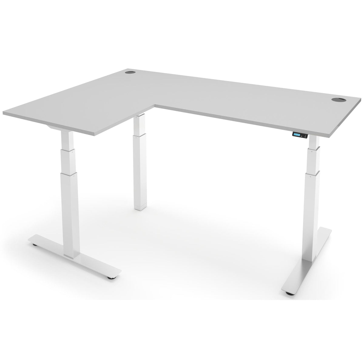 Adjustable Corner Desk - Rize-Corner - White Frame - Light Grey Top - Studio Image