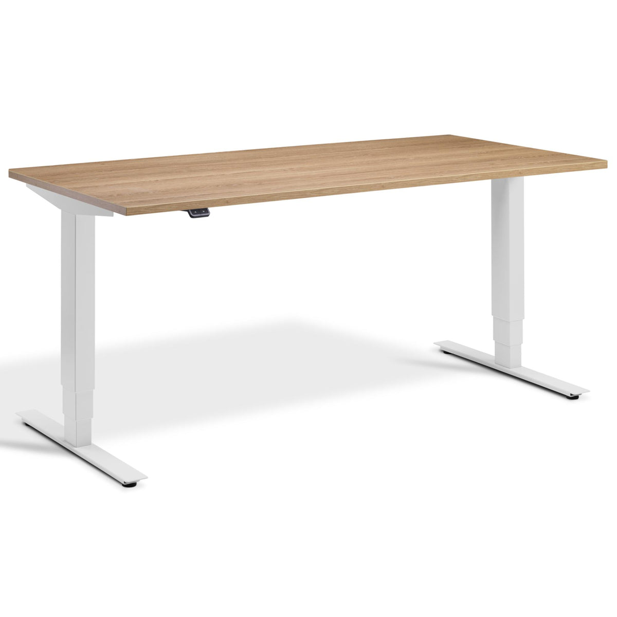 Adjustable Height Computer Desk - Masta Desk - Light Grey Frame - Brown Oak Top - Studio Image