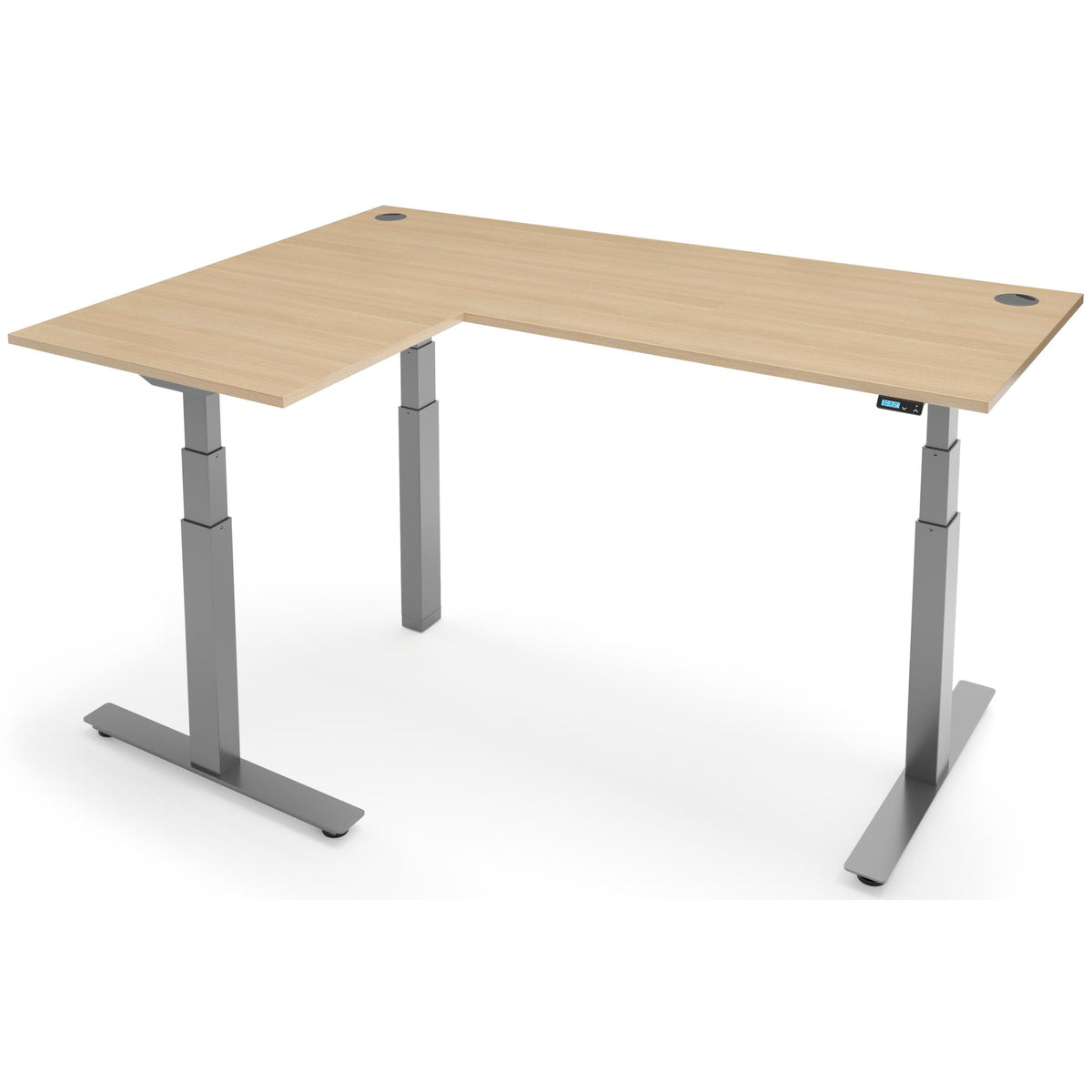 Adjustable Height Corner Desk - Rize-Corner - Silver Frame - Oak Top - Studio Image