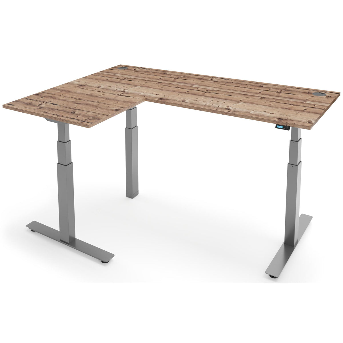 Adjustable Height Corner Desk - Rize-Corner - Silver Frame - Timber Top - Studio Image