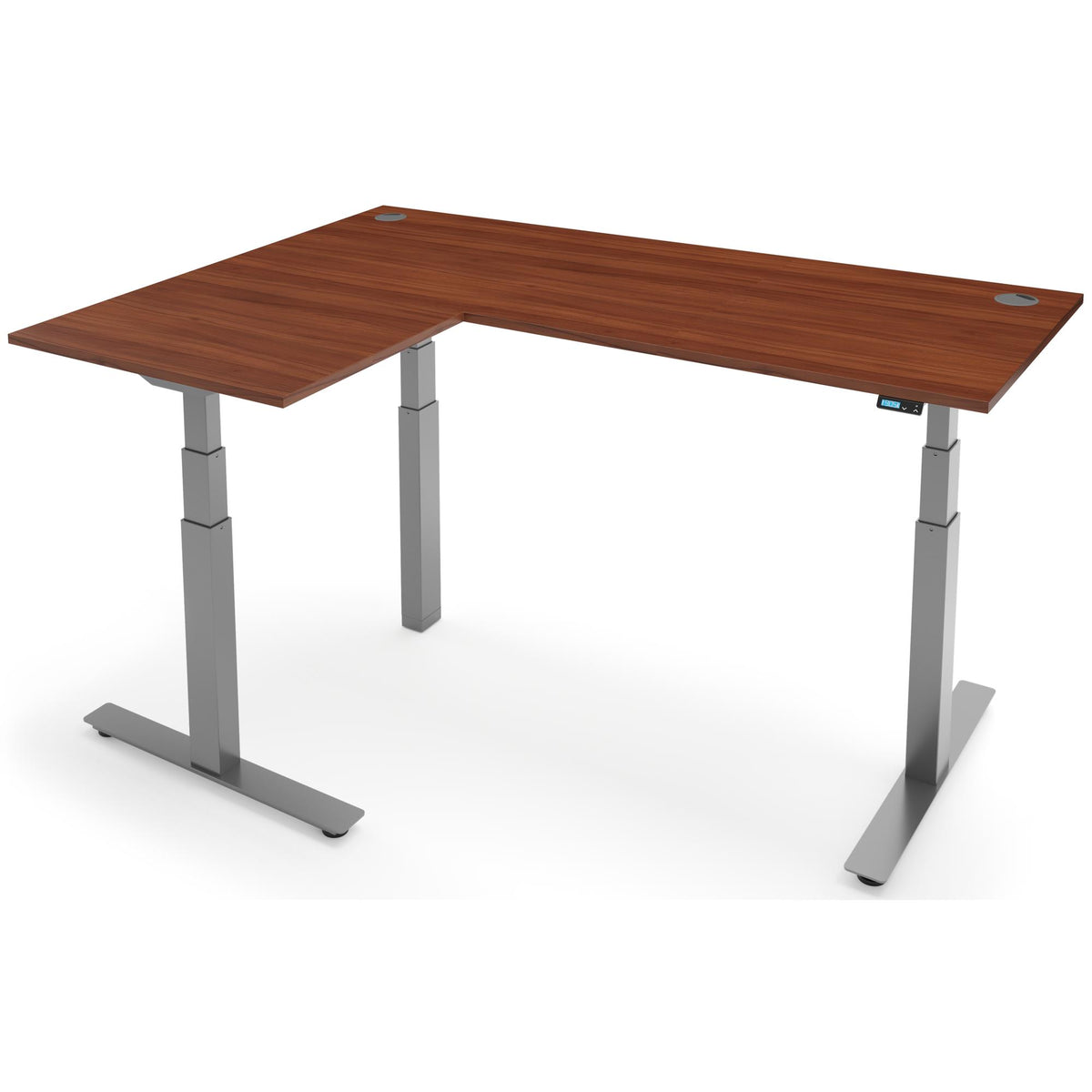 Adjustable Height Corner Desk - Rize-Corner - Silver Frame - Walnut Top - Studio Image