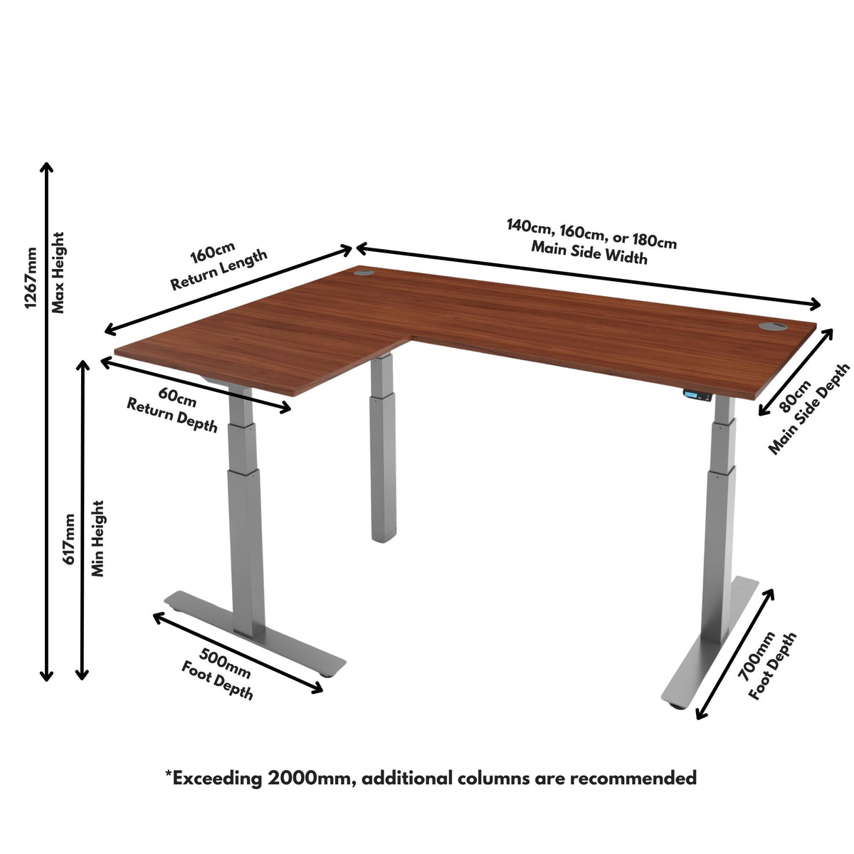 Adjustable Height Corner Desk - Rize-Corner Desk - Dimensions