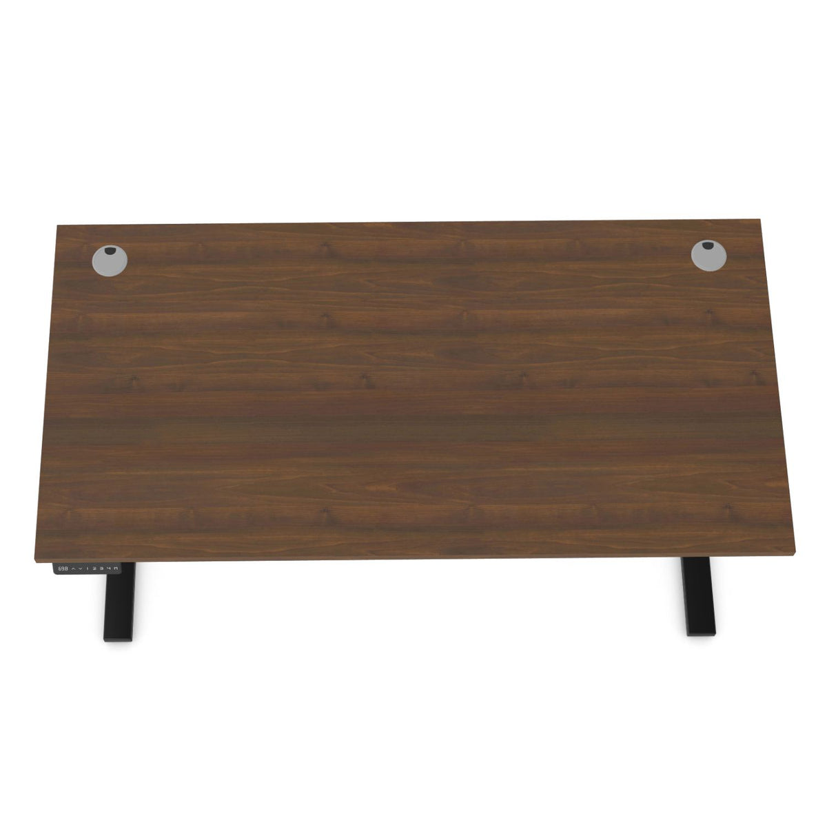 Aluminium cable port cover installed on a standing desk with walnut desk top