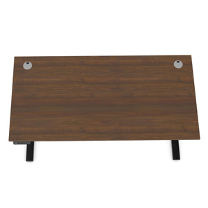 Aluminium cable port cover installed on a standing desk with walnut desk top