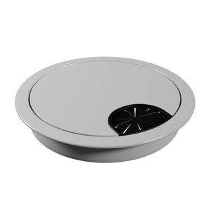Aluminium cable port cover with black cable brush insert on white background