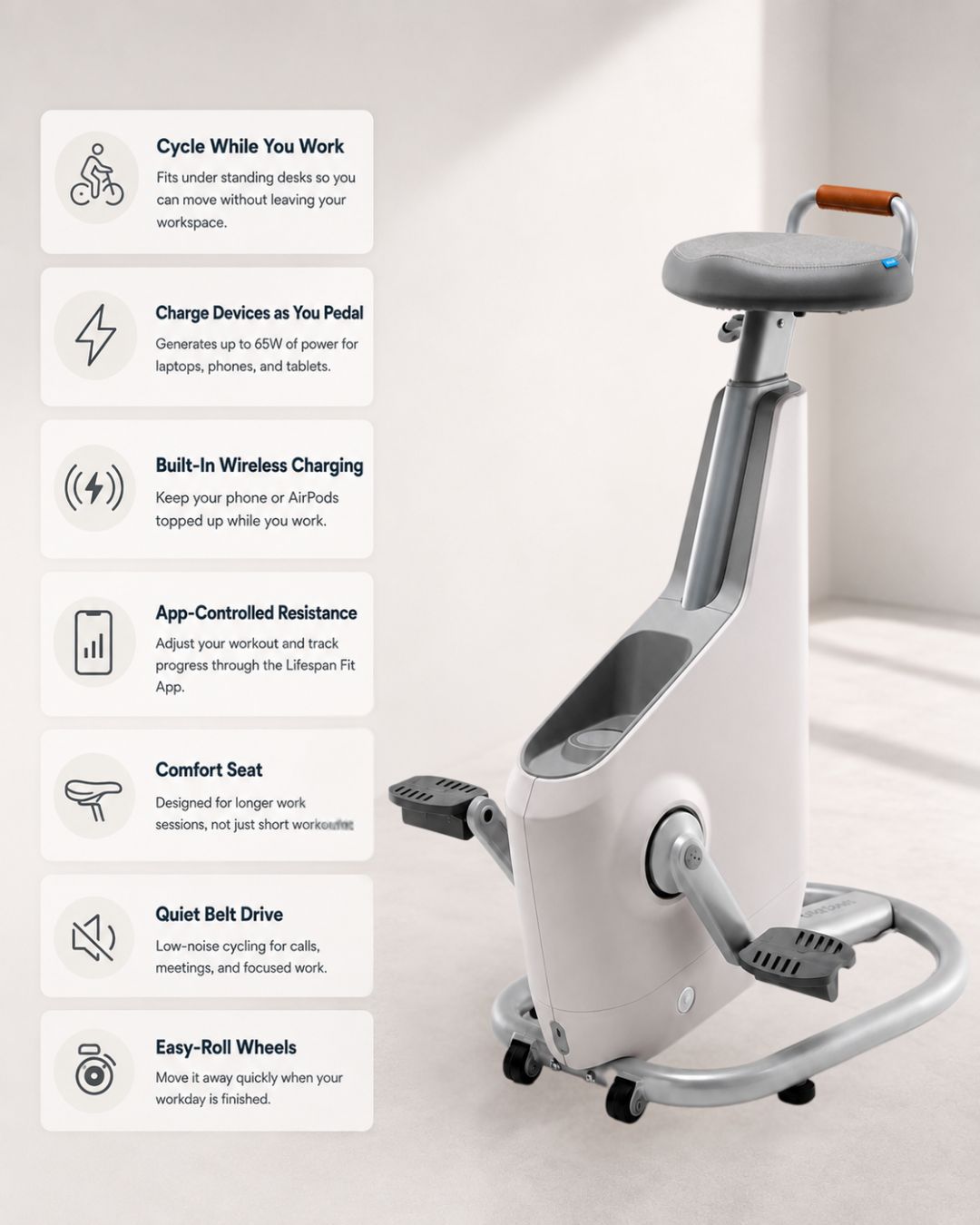 Ampera desk cycle with features for cycling, charging devices, and working quietly