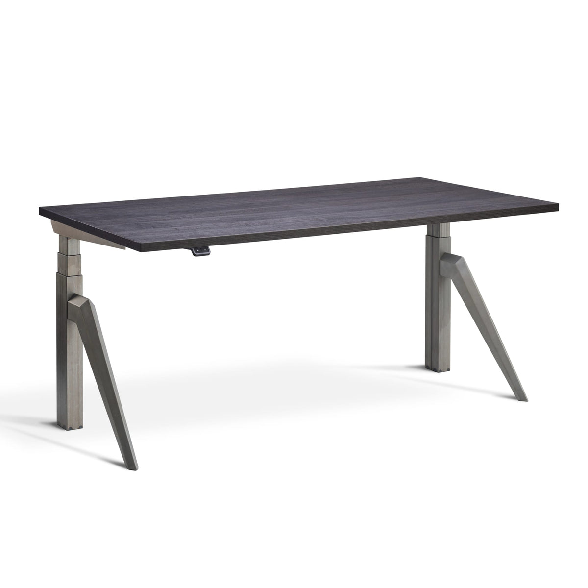 Designer standing desk with Raw Steel Frame and Anthracite Sherman Oak desk top front view