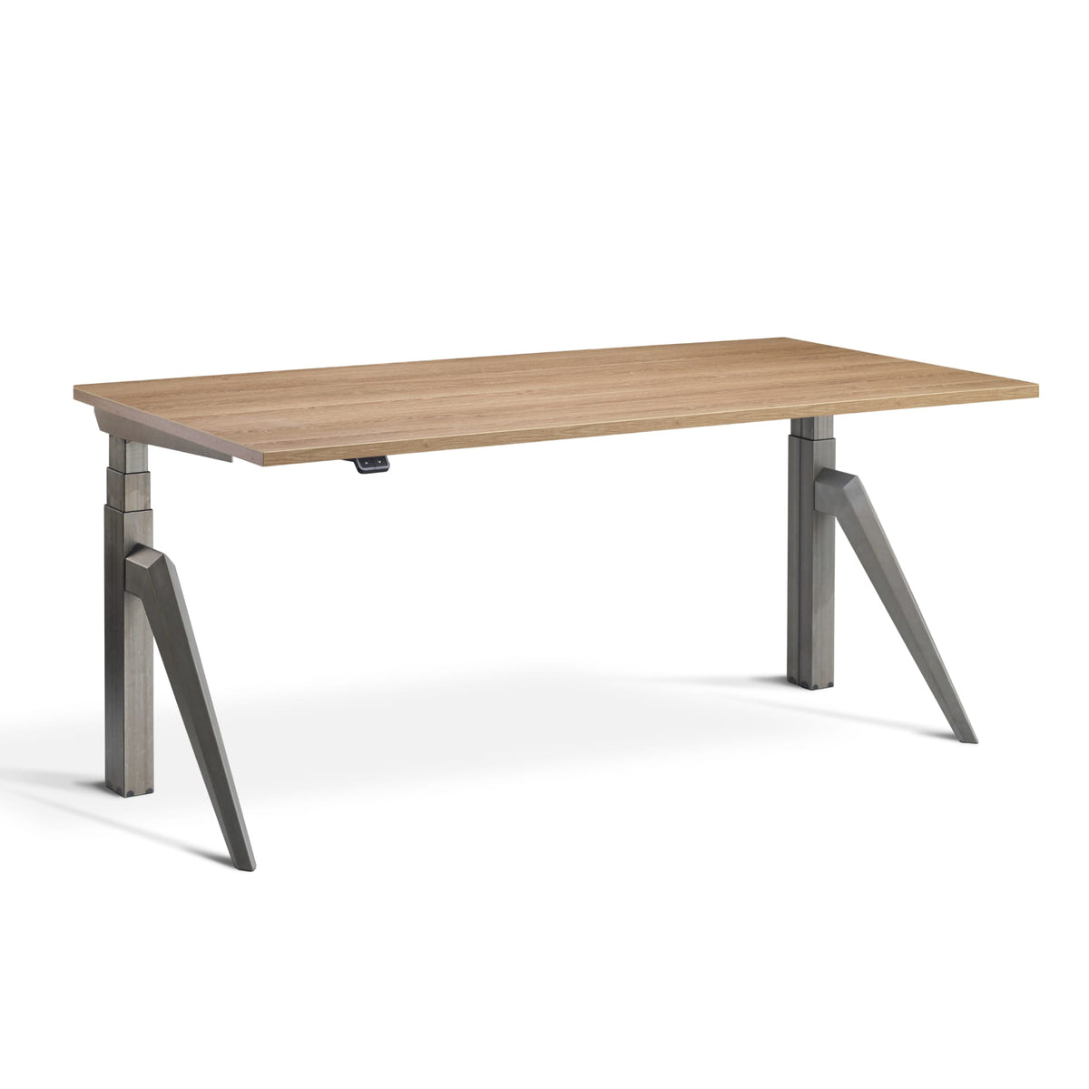 Designer adjustable desk with Raw Steel  Frame and Brown Oak top, front view