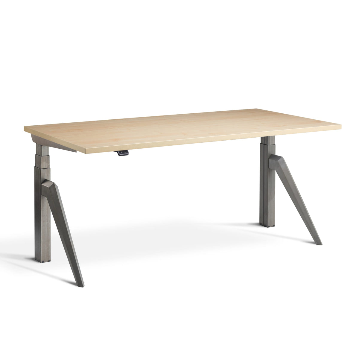 Designer sit stand desk with Raw Steel  Frame and Maple Top, view from front