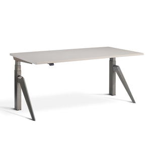 designer sit stand desk, Cashmere Desk Top with Raw Steel  Frame, view from front