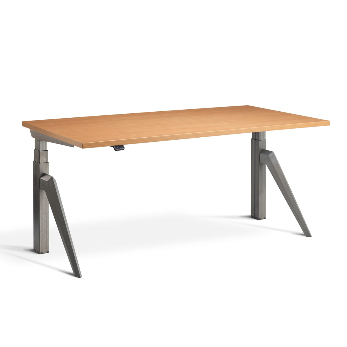 Designer adjustable desk with Raw Steel  Frame and Beech Desk Top, view from front