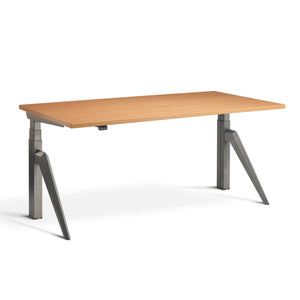Designer adjustable desk with Raw Steel  Frame and Beech Desk Top, view from front