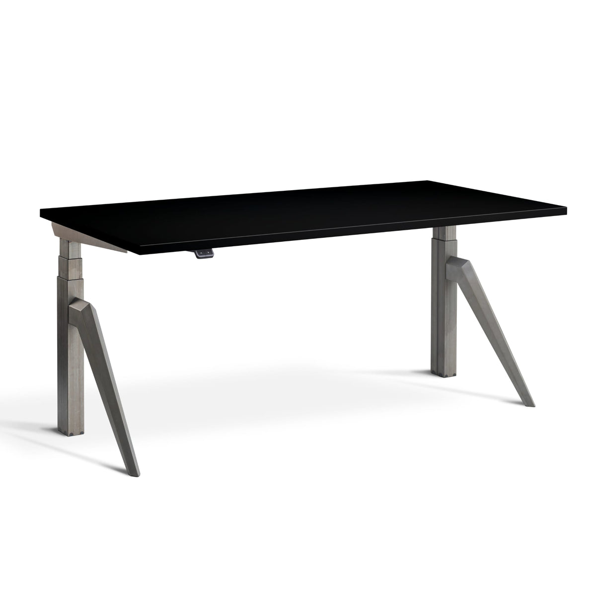 Designer sit stand desk with Raw Steel  Frame and Black Top - view from the front