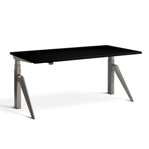 Designer sit stand desk with Raw Steel  Frame and Black Top - view from the front